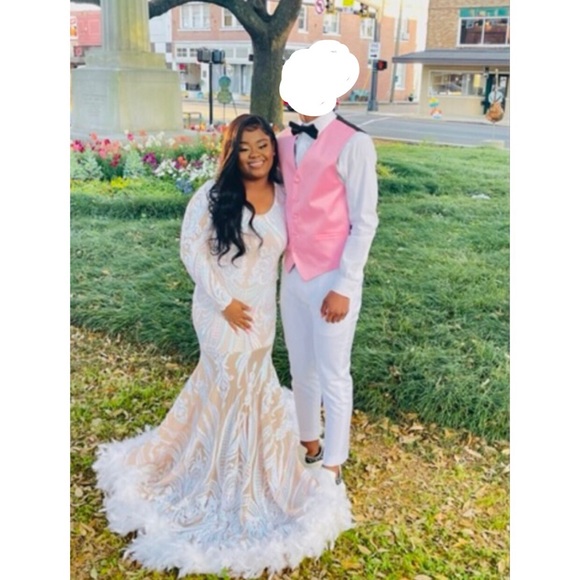 Elegant White(LitePink/BabyBlue)CustomMade MermaidFeather(Bottom)PromDress - Picture 4 of 6